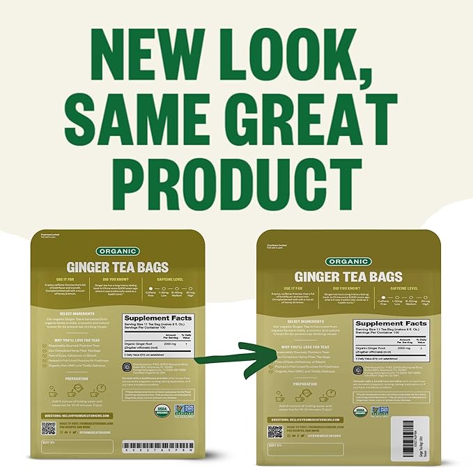 FGO Organic Ginger Tea, 100 Count, Eco-Conscious Tea Bags, Caffeine Free, Packaging May Vary (Pack of 1)