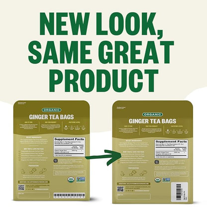 FGO Organic Ginger Tea, 100 Count, Eco-Conscious Tea Bags, Caffeine Free, Packaging May Vary (Pack of 1)