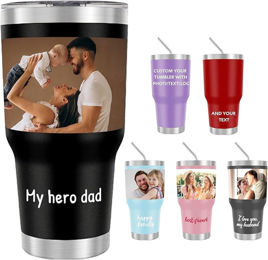 Personalized Coffee Tumbler with Pictures Text Name, Custom Photo Stainless Steel Coffee Tumbler, Coffee Travel Mug Cup 30 Oz, Custom Gifts for Father's Day Birthday Christmas for Dad, Mom, Friend