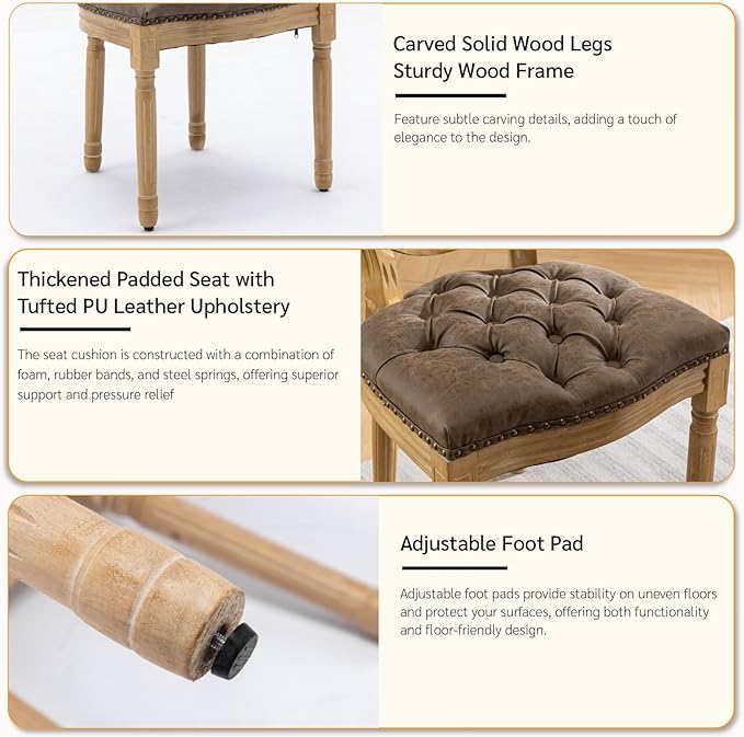 French Country Dining Chairs Set of 4, Vintage Wooden Dining Chairs with PU Leather Upholstered Tufted Seat,Solid Wood Legs&Frame, Farmhouse Kitchen&Living Room Chairs(Brown,4 Pcs)