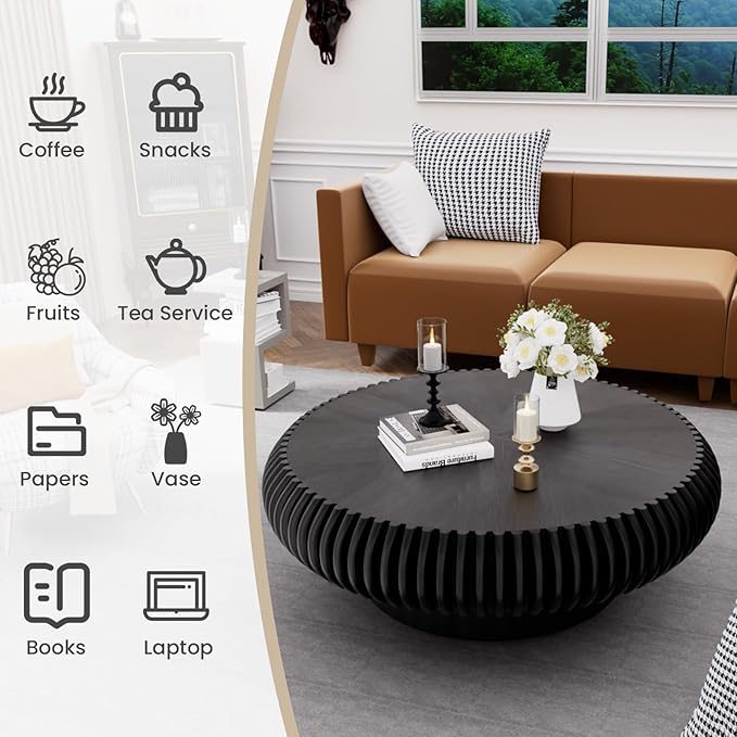 Round Fluted Coffee Table Modern Handcraft Drum Coffee Table with Sturdy Pedestal 39.37" Farmhouse Center Table Tea Table for Living Room, Reception Room, Entertainment Room (Black 39.37")