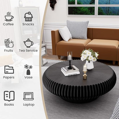 Round Fluted Coffee Table Modern Handcraft Drum Coffee Table with Sturdy Pedestal 39.37" Farmhouse Center Table Tea Table for Living Room, Reception Room, Entertainment Room (Black 39.37")