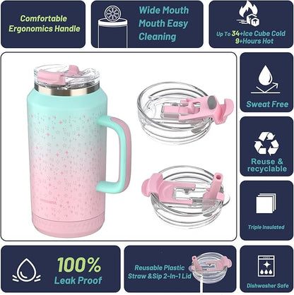 Hydraful 64 oz Tumbler with Handle and Straw - 100% Leak-Proof - Insulated Cup Reusable Stainless Steel Large Water Bottle Travel Mug for Gym, Hiking, and Camping - Gifts for Women Men Him Her