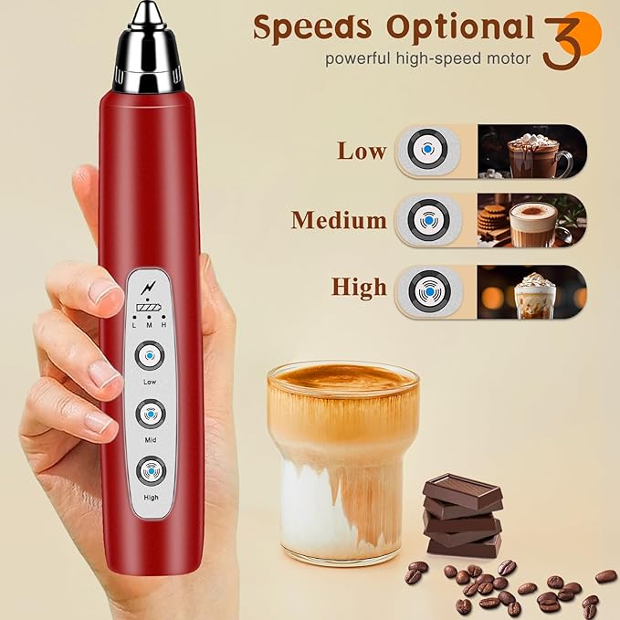 Milk Frother Handheld Rechargeable, Frother Wand Drink Mixer Electric Whisk for Coffee, Detachable With 3 Stainless Whisks, Hand Mixer for Lattes, Cappuccino, Matcha, Egg, No Stand, Red
