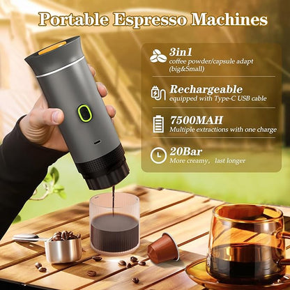 Portable Espresso Maker, Travel Coffee Maker for camping, Portable Espresso Machine with USB-C, 3-in-1 Small Espresso Machine with Ground Coffee & Capsules (NS＆DG) for RV, Hiking, Office (Gray)