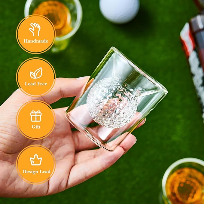 Golf Ball Shot Glasses Set of 4, Funny Handmade Birthday Gifts for Men and Women - 2oz Double Walled with 3D Shape Golf Ball Inside, Tequila, Whiskey, Cocktail Presents for Golfer