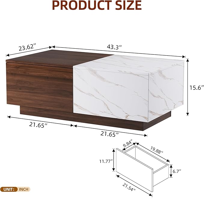 Lift Top Coffee Tables for Living Room, 43" LED Wooden Center Tables with Storage Shelf, Hidden Compartment and Drawer for Home (Walnut Grain and Marble White)