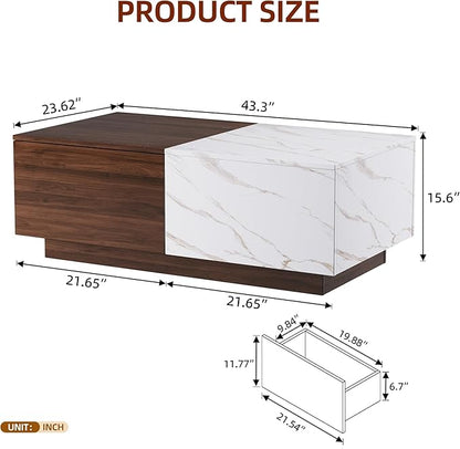 Lift Top Coffee Tables for Living Room, 43" LED Wooden Center Tables with Storage Shelf, Hidden Compartment and Drawer for Home (Walnut Grain and Marble White)