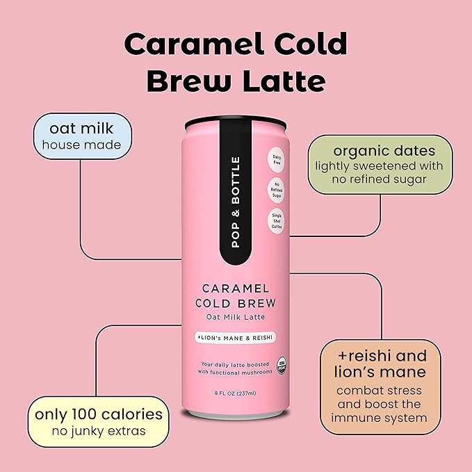 Pop & Bottle, Oat Milk Lattes - Cold Brew with Lions Mane & Reishi, MCT Oil, Single Shot Cold Brew, Mushrooms, Organic, Dairy Free, Gluten Free, Great as Iced Coffee, Lightly Sweetened with Dates - Caramel, 8 Fl Oz (12 Pack)
