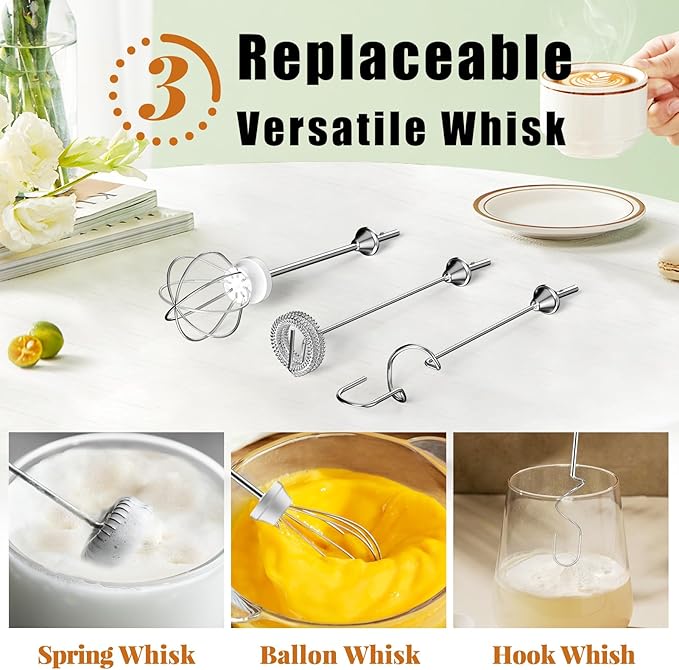 Nahida Green Milk Frother Wand for Coffee, Frother Handheld Rechargeable Electric Whisk with 3 Heads 3 Speeds Drink Mixer Coffee Frother Foam Maker For Latte, Cappuccino, Hot Chocolate, Egg