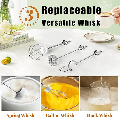 Nahida Silver Milk Frother Wand for Coffee, Frother Handheld Rechargeable Electric Whisk with 3 Heads 3 Speeds Drink Mixer Coffee Frother Foam Maker For Latte, Cappuccino, Hot Chocolate, Egg