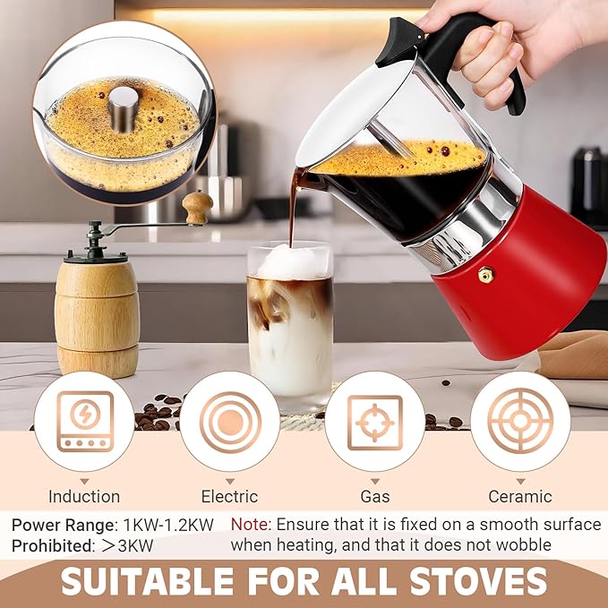 Induction Moka Pot, 9 Cups (15.9 oz) Crystal Glass-Top & Stainless Steel Moka Pot, Classic Stovetop Espresso Maker, Red