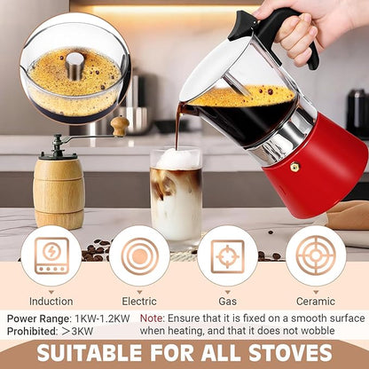 Induction Moka Pot, 9 Cups (15.9 oz) Crystal Glass-Top & Stainless Steel Moka Pot, Classic Stovetop Espresso Maker, Red
