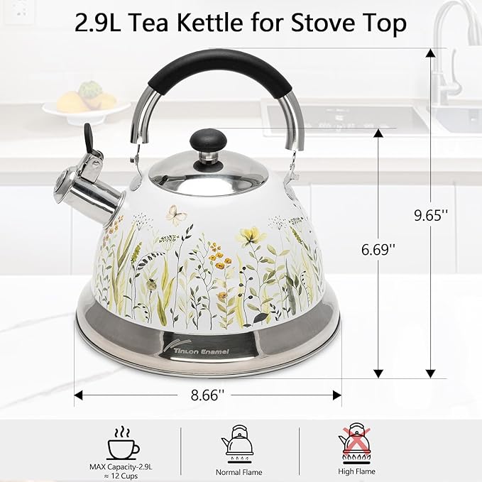 Tea Kettle, 3.1 Quart Whistling Tea Pot for Stove Top, Food Grade 304 Stainless Steel Teapot with for Coffee, Tea, Milk etc