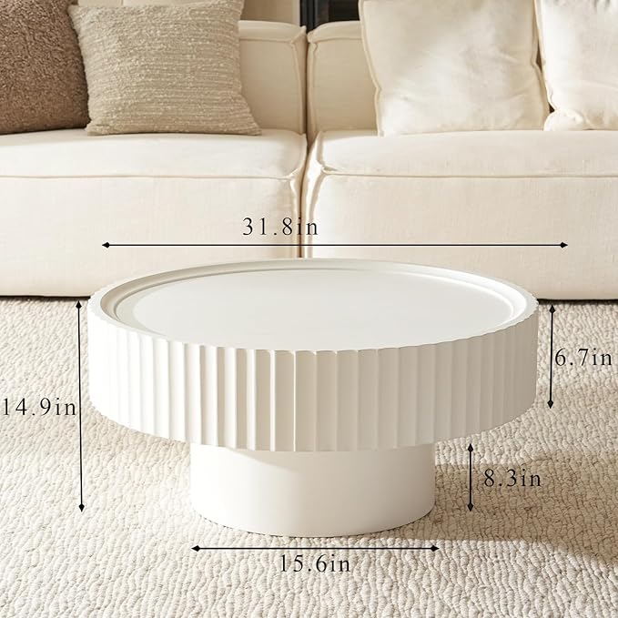 Round Coffee Table, Modern Living Room Tables with Mushroom Shape and Grooved Design, Circle Accent Pinewood Center Table for Living Room, Apartment (White, 31.8''L×14.9''H)