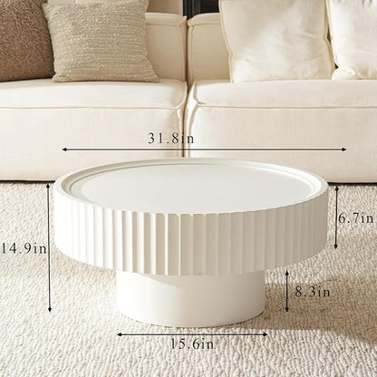 Round Coffee Table, Modern Living Room Tables with Mushroom Shape and Grooved Design, Circle Accent Pinewood Center Table for Living Room, Apartment (White, 31.8''L×14.9''H)