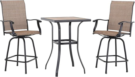 PHI VILLA 3 PCS Patio Swivel Bar Sets Textilene High Bistro Sets with 2 Outdoor Bar Stools and 1 Square Bar Table, Brown