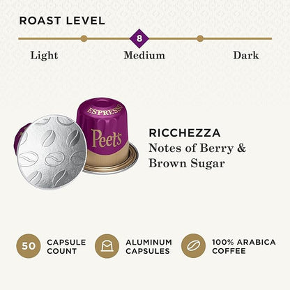Peet's Coffee, Medium Roast Espresso Capsules, Compatible with Nespresso Original Machine - Ricchezza Intensity 8, 50 Count (5 Boxes of 10 Espresso Capsules)