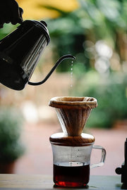 ATHIA Glass Pour Over Coffee Dripper Set, Glass Cone Dripper, Reusable Cloth Filter, Leather Cup Sleeve, Minimal Single Cup SET, for outdoor, office or at home (Olive Wood)