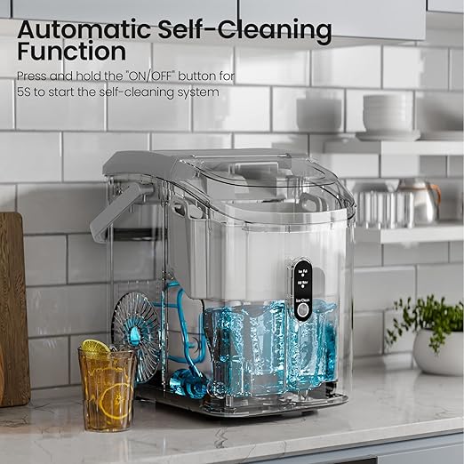 Nugget Ice Maker Countertop with Self-Cleaning Function, Sonic Ice Maker Machine with Handle, 35lbs/Day, Compact Design for Home/Office Use(Grey)
