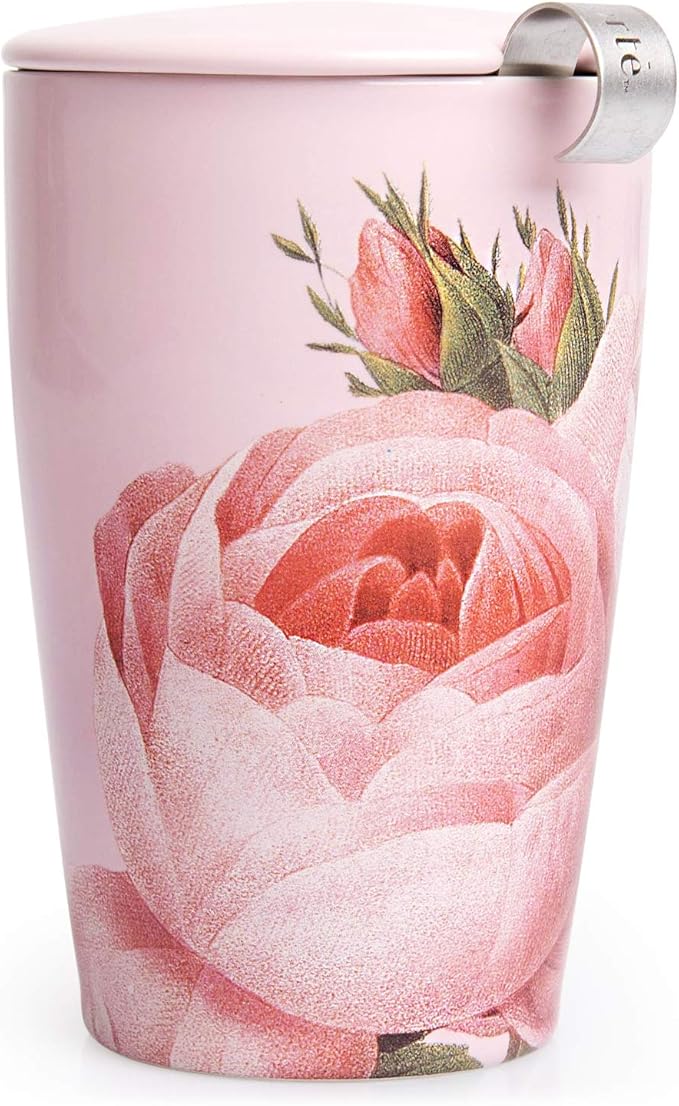 Tea Forte Jardin Double-Walled Ceramic Kati Cup with Removable Stainless Steel Infuser Basket and Lid, Steeps 12 oz Loose Leaf Tea, Lid and Cup Dishwasher & Microwave Safe