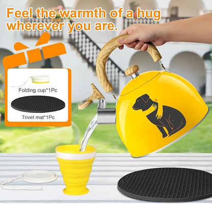 ARC Stainless Steel 2-Quart Whistling Yellow Tea Kettle with Magic Color Changing Design, Stovetop Teapot With Folding Cup & Trivet Mat