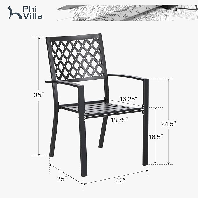 PHI VILLA Wrought Iron Patio Dining Chairs, Stackable Black Outdoor Patio Chairs Set of 6, Metal Patio Chairs, Support 300 LBS, Black