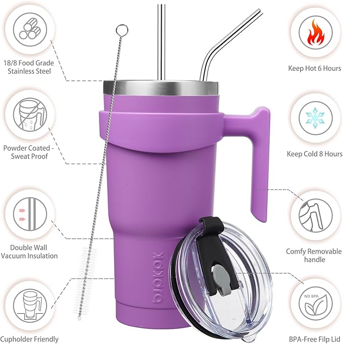 BJPKPK Tumbler With Handle 20oz Stainless Steel Insulated Tumbler With Lid And Straw For Water Or Ice Coffee,Lavender