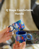 Load image into Gallery viewer, Ceramic Espresso Cups Set of 2 – Mini 3 oz Double Espresso Coffee Cups with Cute Q Handle, Floral and fruit Patterns, Small Blue Demitasse Shot Cups for Coffee Machine