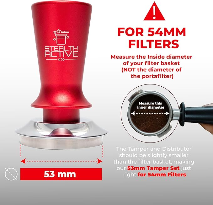 StealthActive&Co 53mm Espresso Tamper 3 in 1 Set Compatible with 54mm Filter - Spring Loaded Espresso Machine Tamper with Aluminum Handle, Espresso Distribution Tool, and Non-Slip Tamping Mat