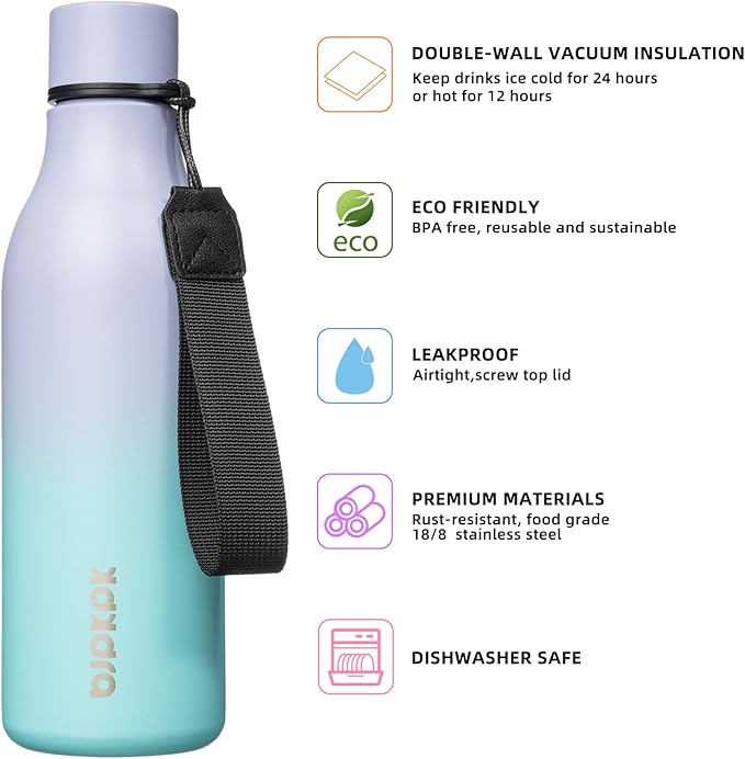 BJPKPK Insulated Water Bottles, 18 oz Stainless Steel Metal Water Bottle with Strap, BPA Free Leak Proof Jugs, Mugs, Flasks, Reusable Thermal Flasks for Sports & Travel, Lavender Green