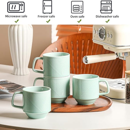 Stackable Coffee Mugs Set: 13 oz Ceramic Stacking Cups for Cappuccino Latte Tea - Microwave Safe Mug for Home & Office - 4 PCS, Mint Green