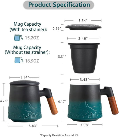 ZENS Tea Cup with Infuser and Lid for Loose Leaf Steeping, 16.9oz Embossed Ceramic Tea Infuser Mug, Wood Handle Tea Diffuser, Great Gift