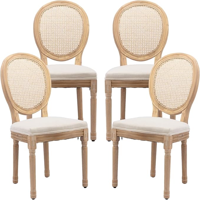 French Country Dining Chairs Set of 4, Vintage Wooden Dining Chairs with Fabric Upholstered Seat&Rattan Oval Backrest,Solid Wood Legs&Frame, Farmhouse Kitchen&Living Room Chairs(Beige,4 Pcs)