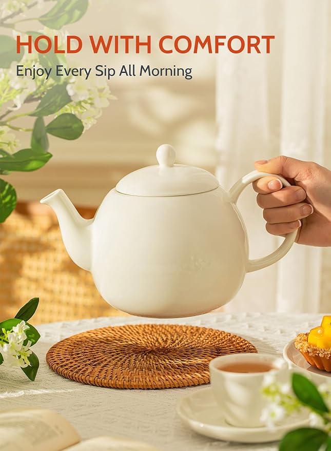 Sweese Porcelain Teapot, 40 Ounce Tea Pot - Large Enough for 5 Cups, White