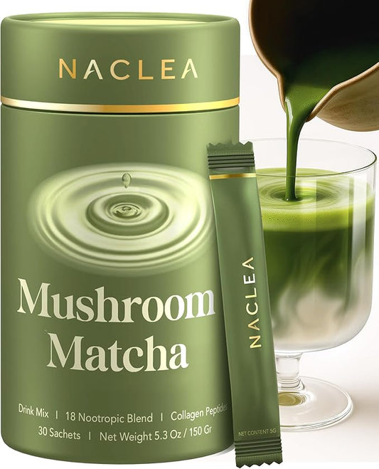 Mushroom Matcha Powder - Sugar-Free Japanese Ceremonial Green Tea with 18 Superfood Mushrooms and Hydrolyzed Collagen - Coffee Alternative Caffeine Free - 30 Sachets