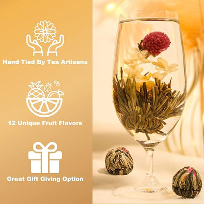 FullChea - Blooming Flowering Tea, 12 Unique Varieties - Flowering Tea in 12 Delicious Fruit Flavors - Gift For Tealovers, Christmas, Anniversary, Valentine, Birthday