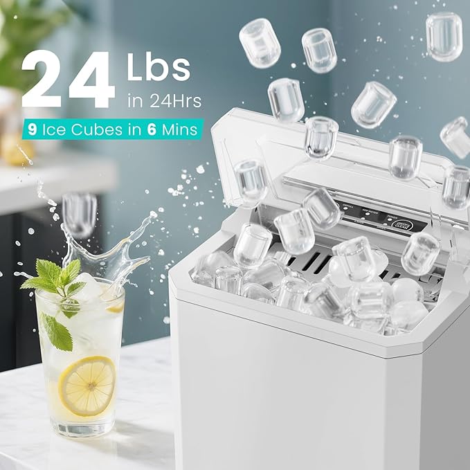 OLIXIS Countertop Ice Maker with Self-Cleaning, Portable Ice Maker Machine with Ice Scoop, 26.5Lbs/24H, 9 Cubes in 6 Mins, 2 Sizes of Bullet Ice for Home, Kitchen, Office, Bright White