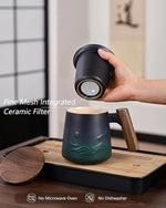 Load image into Gallery viewer, ZENS Embossed Ceramic Tea Mug with Infuser and Lid, 14.5 oz Wooden Handle, Loose Leaf Tea Steeper Mugs &amp; Strainer for Tea Lovers Gifts