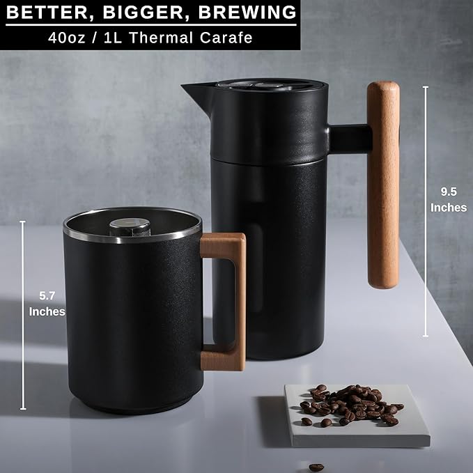 HASTINGS 40 Oz Pour Over Coffee Maker Set with Double Layer Reusable Stainless Steel Filter 8-Cup and Wood Handle - Dual Wall Heat Resistant Drip Coffee Brewer, Pour Over Coffee Dripper Carafe, Black