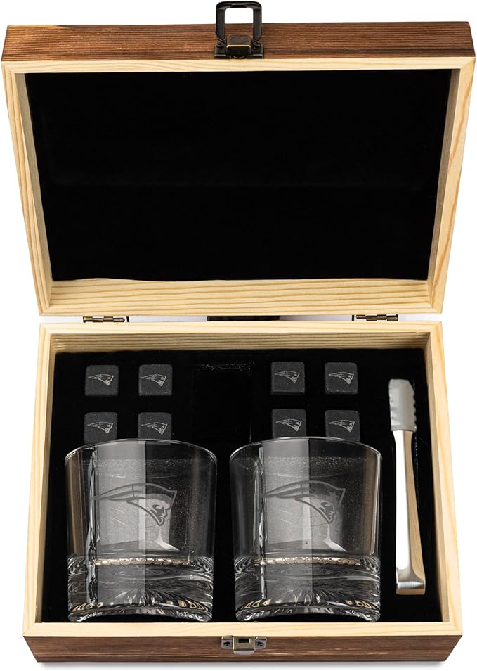 The Memory Company Officially Licensed NFL Wood Boxed Drinkware Set, with 2 Rocks Glasses and Cooling Cubes, New England Patriots