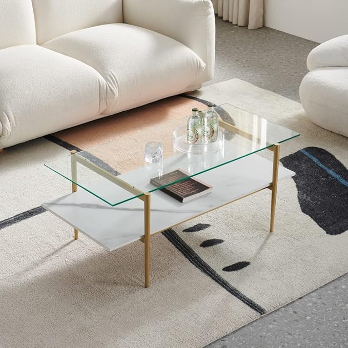 AGV LIGHTING Tadio Glass Coffee Table, Mid-Century Modern Coffee Table for Living Room, Gold Finish Leg, Clear Glass Top & Faux Marble Shelf, 41 in