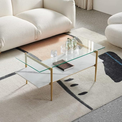 AGV LIGHTING Tadio Glass Coffee Table, Mid-Century Modern Coffee Table for Living Room, Gold Finish Leg, Clear Glass Top & Faux Marble Shelf, 41 in