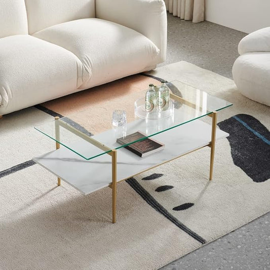 AGV LIGHTING Tadio Glass Coffee Table, Mid-Century Modern Coffee Table for Living Room, Gold Finish Leg, Clear Glass Top & Faux Marble Shelf, 41 in