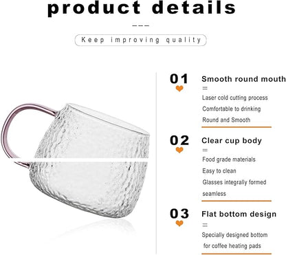LUXU Hammered Tea Cups,Glass Coffee Mugs,Set of 6 Coffee Cups with Different Color Handles-15 oz,Prefect for Cappuccino,Latte,Water,Mocha,Milk,Widely Used for Cafes,Home and Office