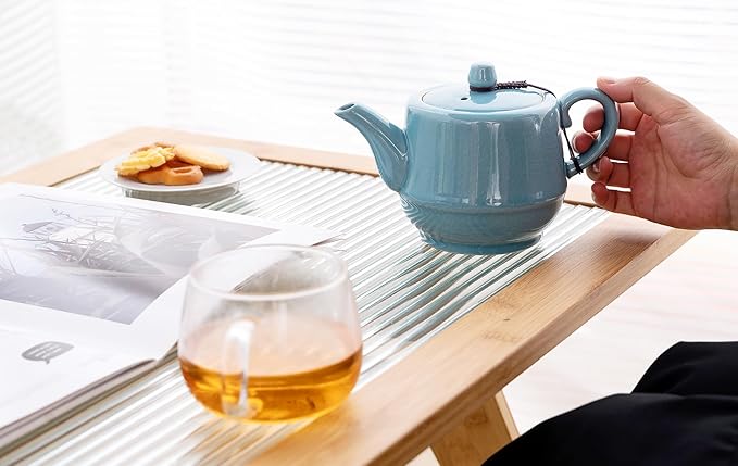 Teapot with Infuser Ceramic Tea Pot with Removable Stainless Steel Fliter for Loose Tea 15.80 OZ/450ml (1-2cups) Teapots for Tea Coffee Milk for Office Home Men Women as Gift(Sky Blue)