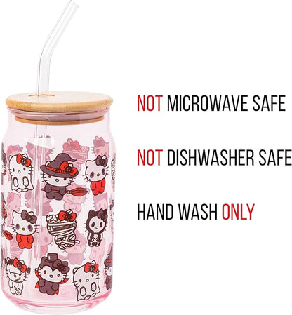 Silver Buffalo Sanrio Hello Kitty and Friends Halloween Spooky Costumes Ghost Witch Vampire Zombie Frankenstein Skeleton Pink Glass Jar Tumbler with Bamboo Lid and Glass Straw, 16 Ounces