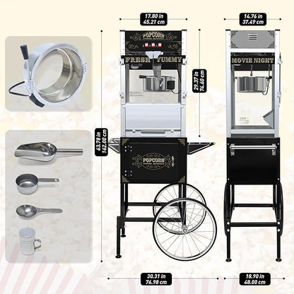 20oz Popcorn Machine with Cart, Wheels & Stainless Steel Kettle, Vintage Movie Theater Style, Popcorn Maker Machine for Parties, Events, Home & Commercial Use, Black