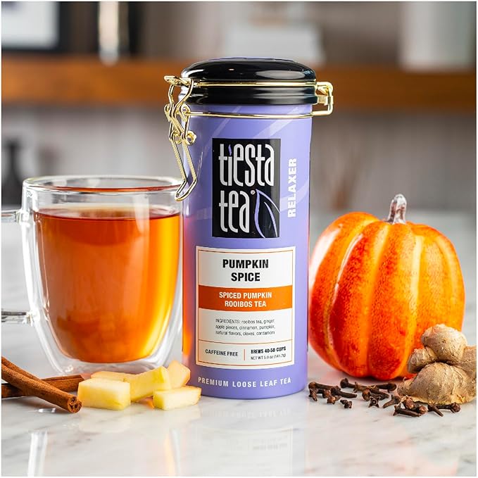 Tiesta Tea - Pumpkin Spice Rooibos Loose Leaf Tea, Premium Caffeine-Free Herbal Infusion, Refillable Tin Can, Brew Hot or Iced, Makes up to 50 Cups, 5 Ounce
