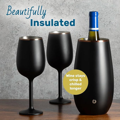 SNOWFOX Premium Vacuum Insulated, Triple Walled, Stainless Steel Wine Chiller w/Optimal fit to keep wine cold longer. Fits most Wine and Champagne Bottles. Non-Slip Silicon Base, Black with Gold Rim